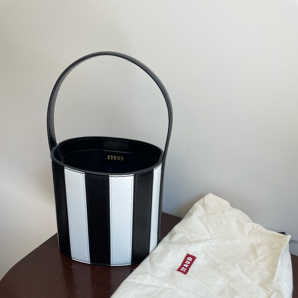 Staud Bissett Patent Leather black and white bucket bag